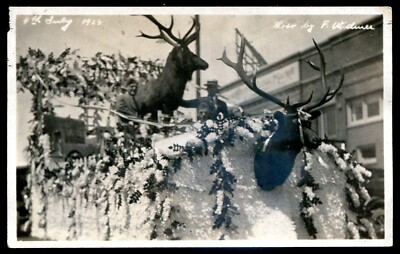 USA 1923 Fourth of July Parade Float Deer Trophy. Real Photo Postcard by Widmer