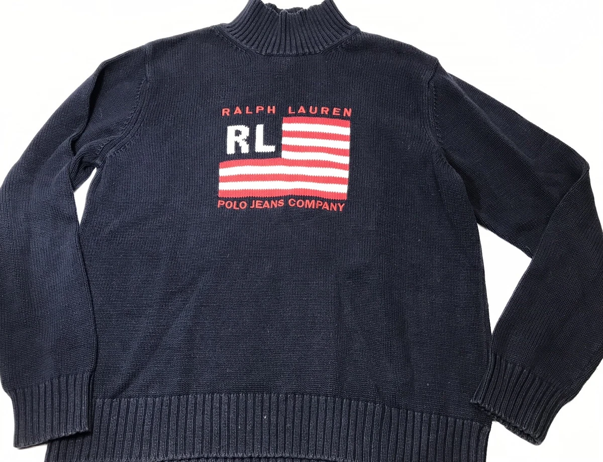 Vintage 90s Ralph Lauren Polo Jeans Knit Turtleneck Sweater Big Flag EUC M