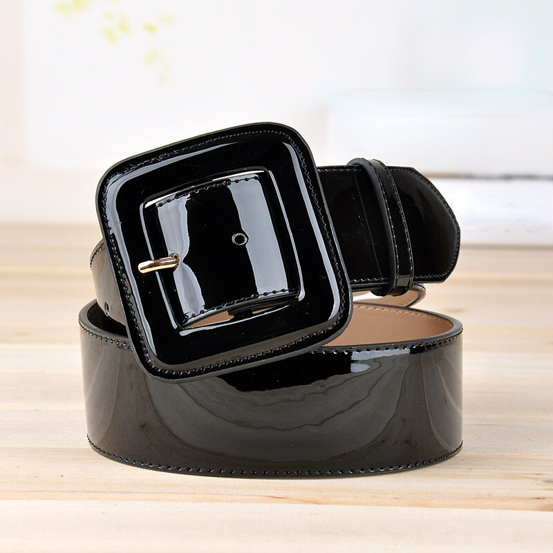 Women Shiny Patent Leather Waist Belt Wet Look Square Buckle Waistband Wide  47cm
