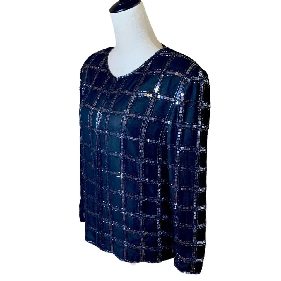 Top de seda con cuentas de lentejuelas Scala vintage grande | Blusa de noche negra retro glamurosa Foto 4 de 4