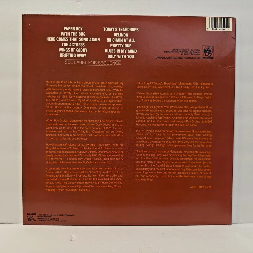 Roy Orbison Vinyl LP Rare Orbison 1989 1A/1B NM/NM - Image 2 of 3