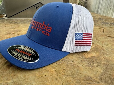 Columbia PFG Blue White American Flag Mesh Fishing Ball Cap Flex Fit Hat  L/XL