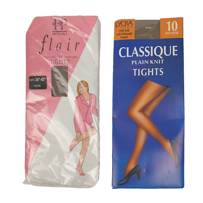 Vintage Pretty Poly Flair Tights & Classique Plain Knit Tights Bundle, Mink, 2PK