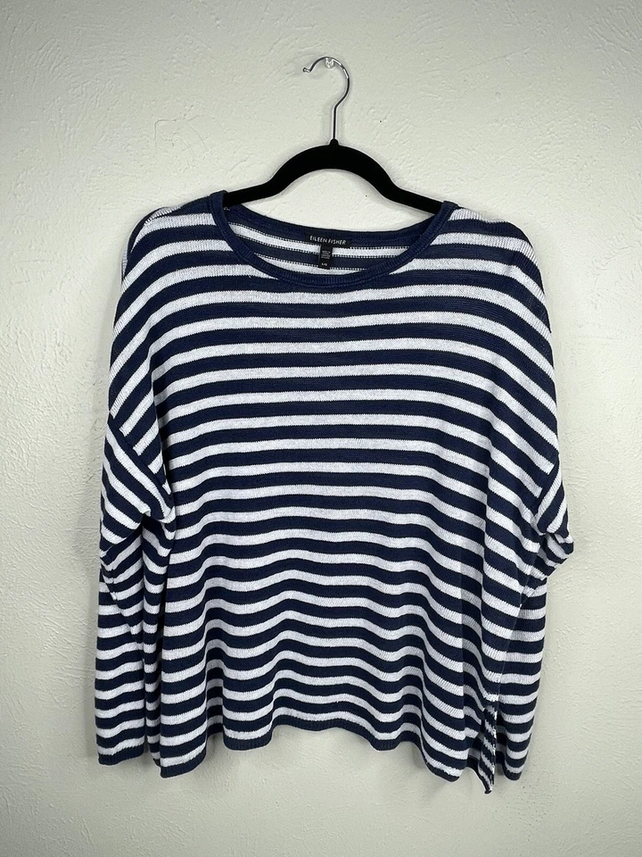 Eileen Fisher Organic Cotton Striped Navy Sweater Nautical Summer Cruise Blue L - Image 3 of 4