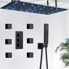 Thermostatic 32"×16'' LED Shower Faucet Set Rain Combo Head Massage System Black