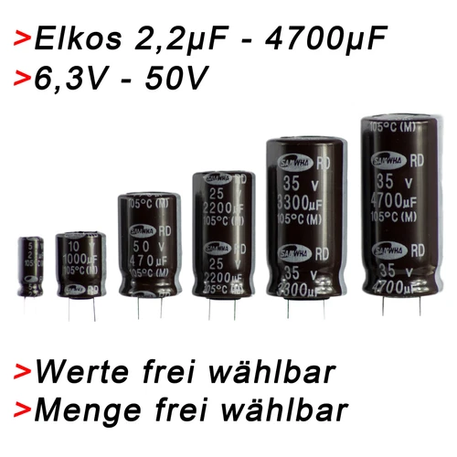 ELKO Capacitors 2.2μF to 4700μF uF + 6.3V - 50V Elkos Radial Electrolyte 105