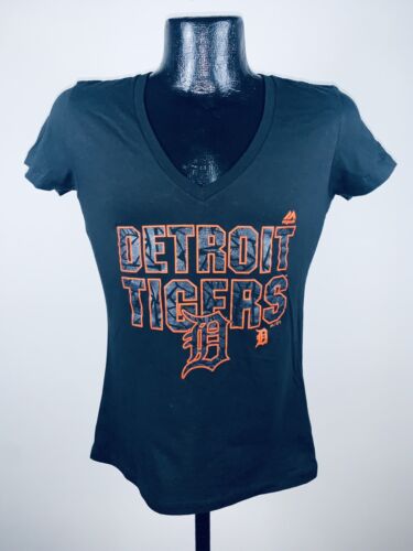 Women's Majestic Detroit Tigers Black The Real Thing V-Neck Tee Shirt Medium