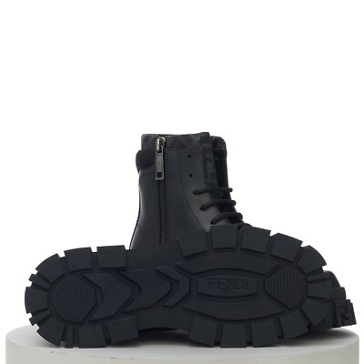 FENDI 1390$ FORCE Black Leather Lace Up Ankle Boots, FF Motif