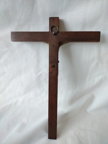 Vintage Wood And Brass Crucifix - Wall Hanging - 24cm x 16cm - Afbeelding 3 van 3