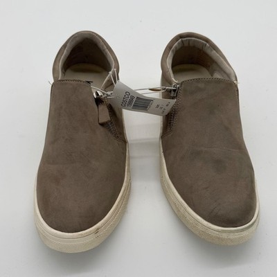 Kensie Womens Taupe Faux Suede Slip On Sneakers Dual Side Zip Shoes Size 7 NEW