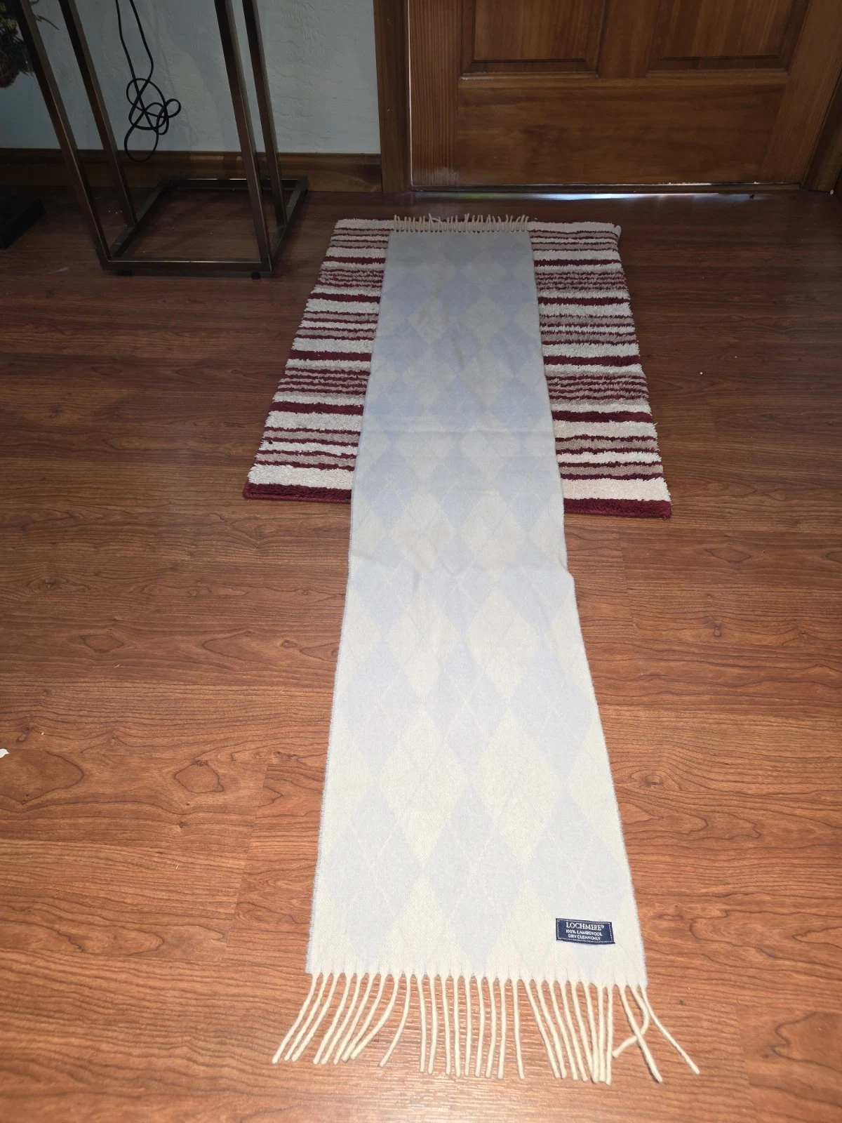 Lochmere 100% Lambswool Argyle Pattern Scarf Light Blue White Fringes