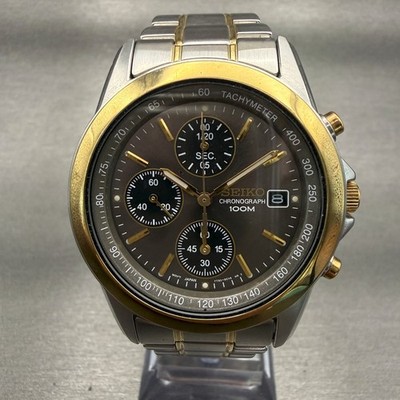 Seiko Chronograph Watch Men 38mm Gray Dial Two Tone Date Round 7T92-0CW0 New Bat