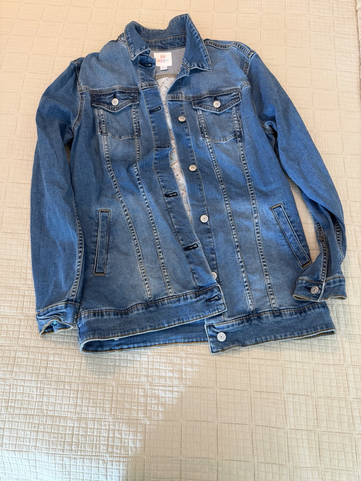 lularoe Blue Denim Jacket Patterned Back Panel Po… - image 1