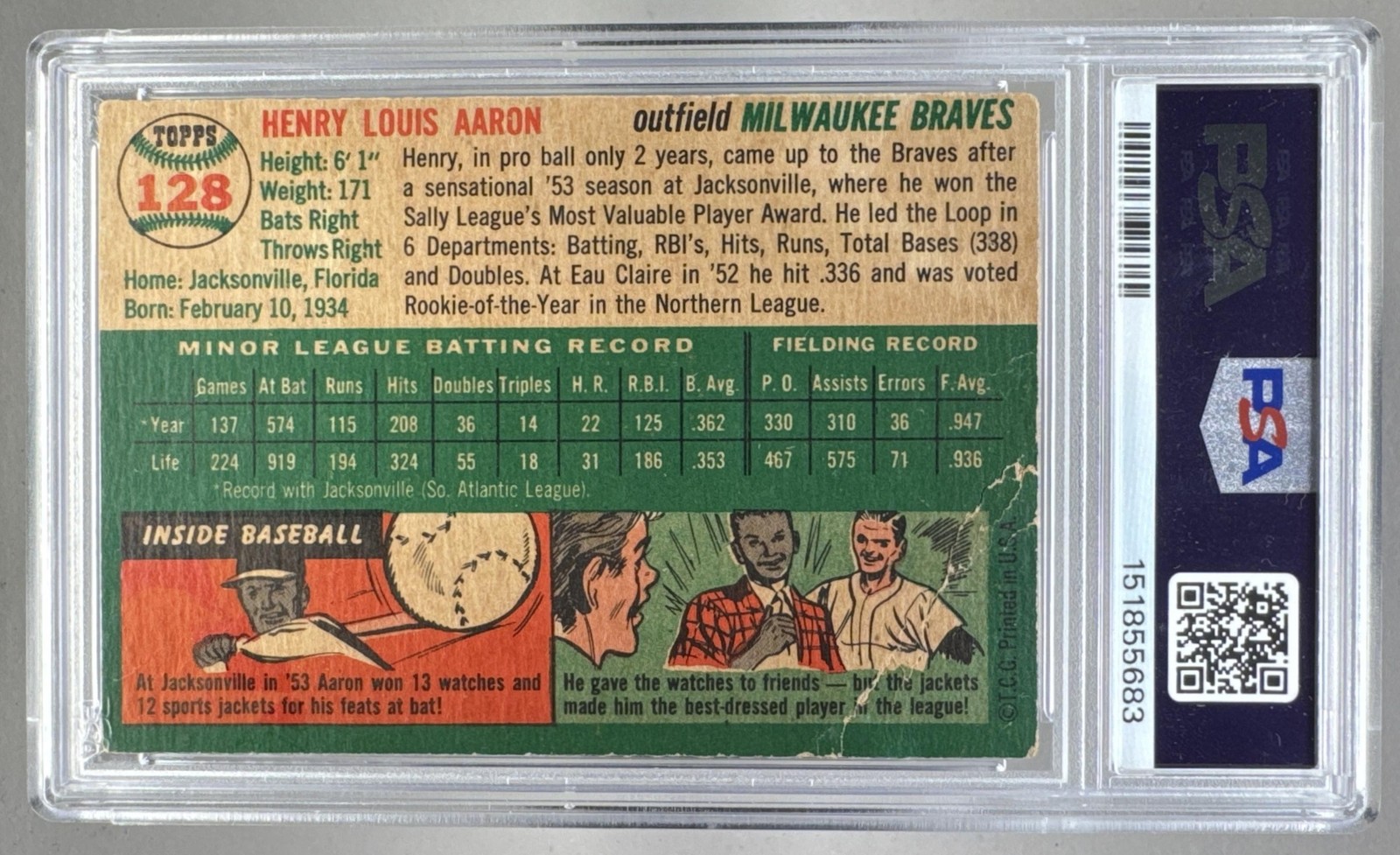 151855683 Henry Hank Aaron 1954 Topps #128 Rookie RC PSA 1.5 view 2
