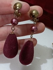 Long 1970s Velvet Purple Bead Brass Gold Tone Dangle ClipOn Earrings ~2.8 in