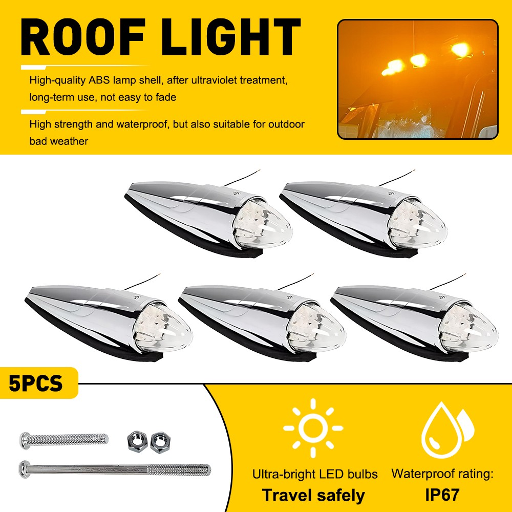 Set of 5 Clear LED Chrome Cab Roof Lights fit Peterbilt Kenworth Volvo Truck M