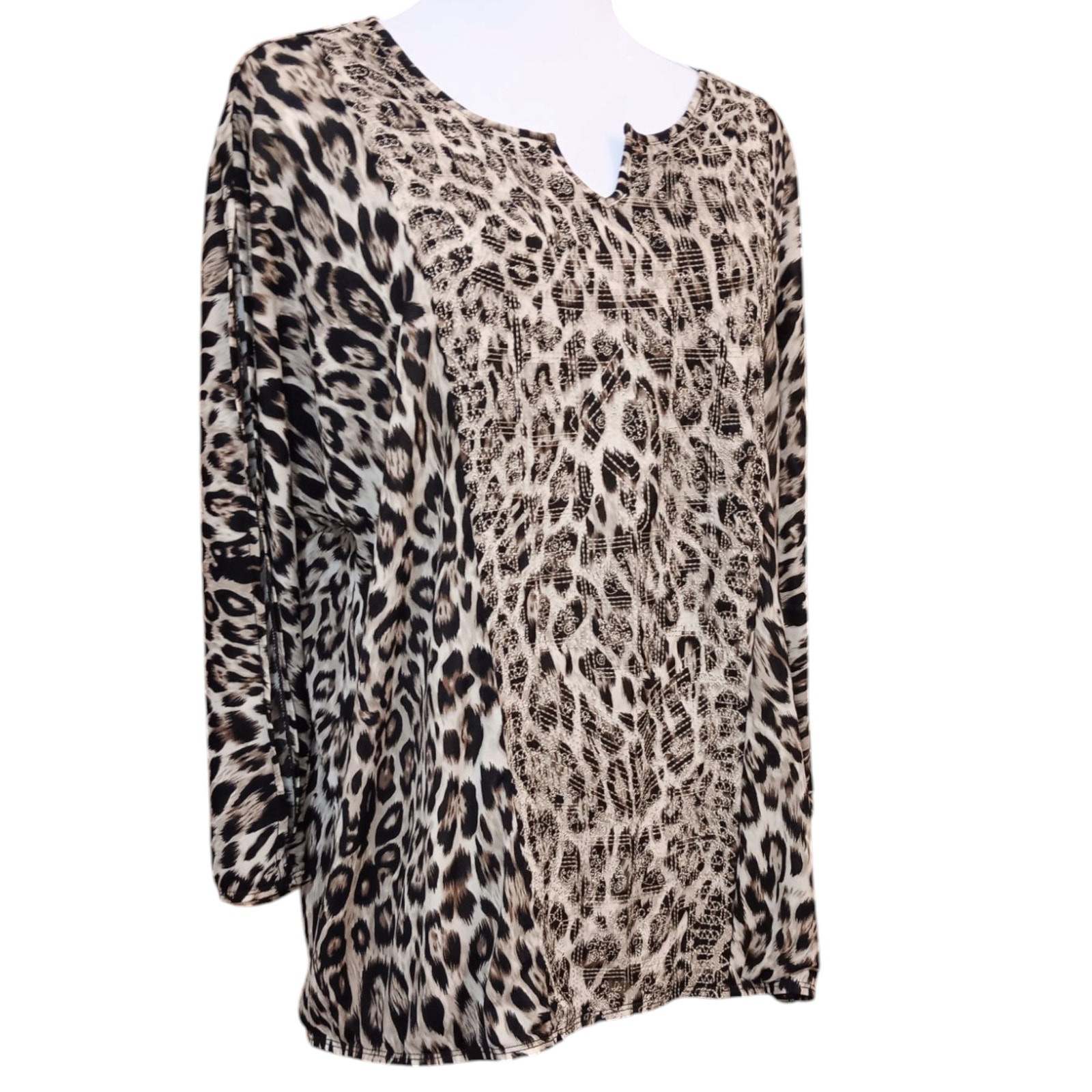CHICO'S Blouse Top 3 XL Gold Embroidered Animal Print Cheetah Split Sleeves