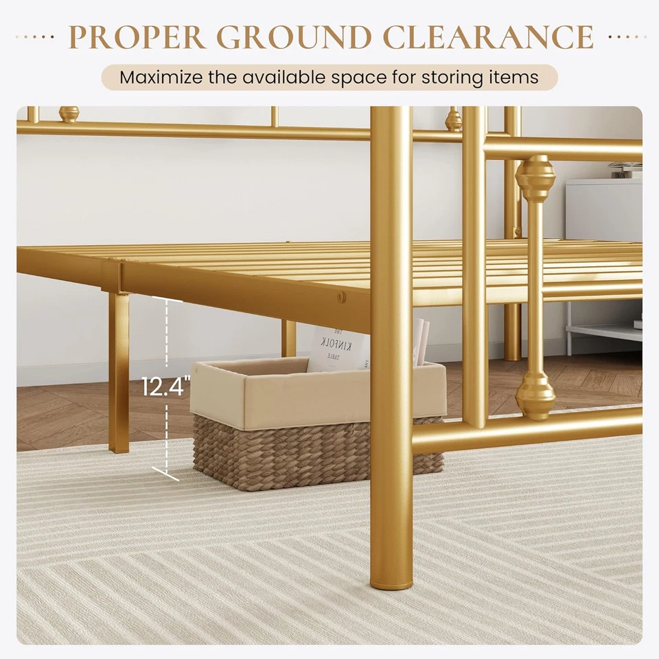 Marco de cama con plataforma de metal tamaño queen de 14", cabecero y pie de cama vintage de arte de hierro Foto 4 de 4