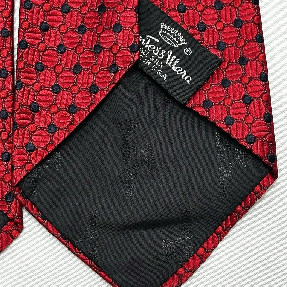 VTG Countess Mara Tie Designer Red Geometric Embroidered Logo Silk 55” x 3.625” - Image 4 of 4