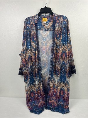 Ruby Rd NWT  Duster 3X Open Front Long Sheer Multi Southwest Coverup Embroidered