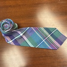 Vintage 90s Abercrombie & Fitch Tie Men's Green Purple Plaid Cotton Made in USA