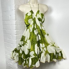 Urban Outfitters Floral Halter Dress Womens M Green White Ruffle Mini Boho 