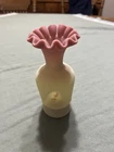 Fenton Hand Painted Burmese Art Glass Vase Pink Ruffled Top Floral Signed.