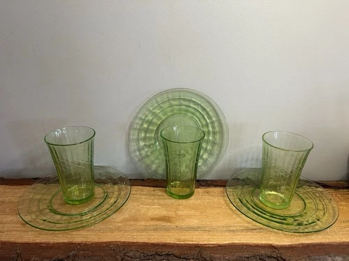 VTG, Uranium Glass, (3) Salad Plates &  (3) Glasses. Used!