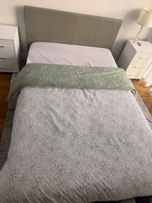 Grey Upholstered Fabric Double Bed Frame with Panel Headboard, Modern