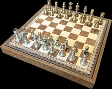 Italfama Metal Chess Piece/Checker Set With Leatherette Storage Board