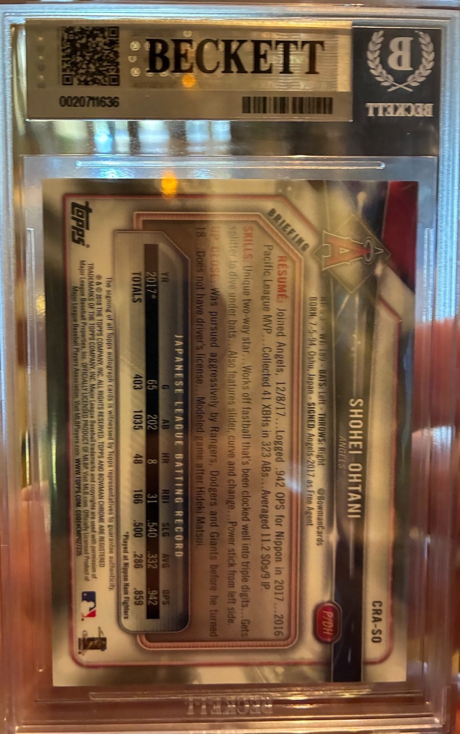 BGS 8.5 Shohei Ohtani Autograph Auto Rookie RC Bowman 2018 #CRASO Pitching view 2