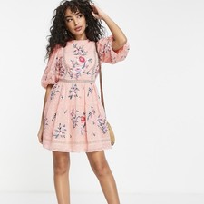 ASOS Petite Embroidered Floral Pink Mini Dress Size 6 Feminine Wedding Elegant