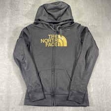 The North Face Womens XS Full Zip Hoodie Charcoal Grey Gold Logo Thumbholes