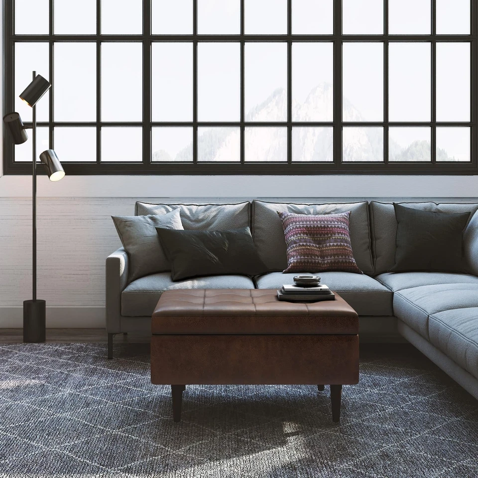 SIMPLIHOME Shay 34 Inch Wide Mid Century Modern Square Storage Ottoman in - Image 2 of 4