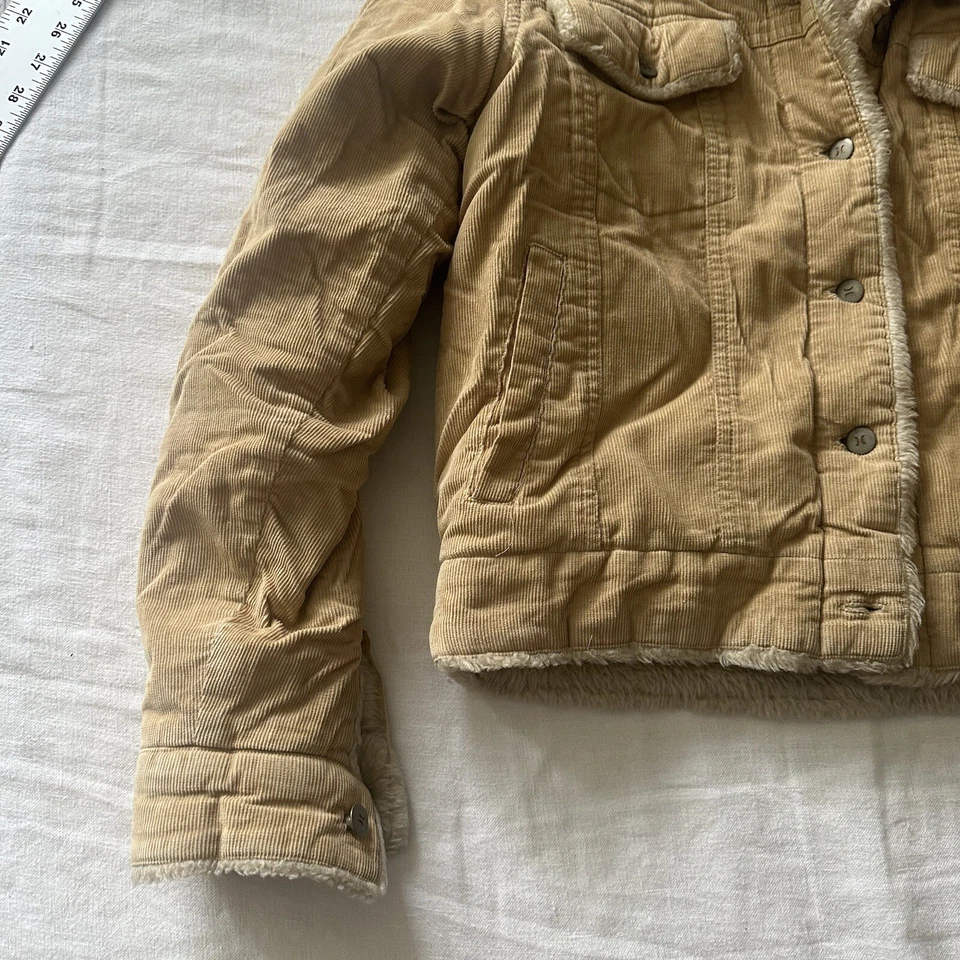Womens Hurley Jacket Size S Fur Lining Beige Corduroy Button Up Collard - Image 2 of 4