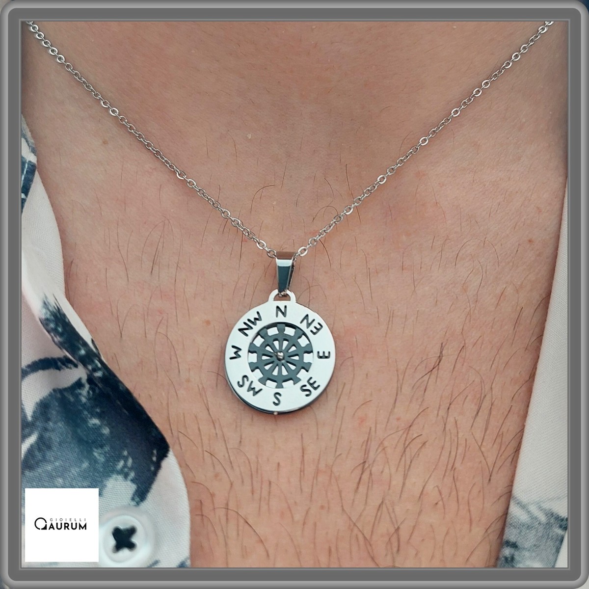 Collier Boussole Rose Des Vents en Acier Inoxydable Chaîne Homme