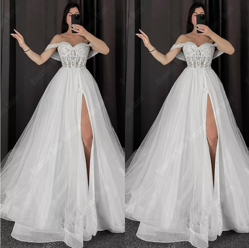 Elegant A-Line Wedding Dresses Off Shoulder High Slit Lace Applique Bridal Gowns