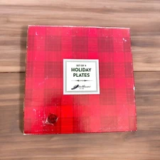Vtg Eddie Bauer Home Set of 4 8” White Green Red Holiday Christmas Plates NIB