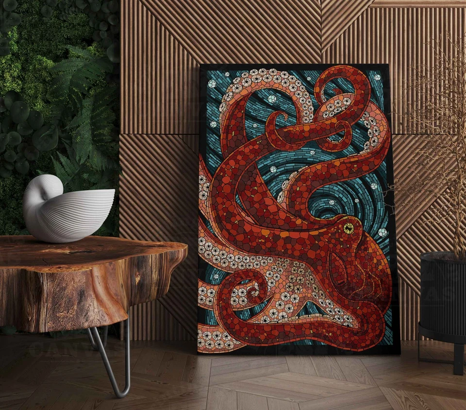 Red Octopus Mosaic Print Asian Wall Art Kraken canvas or poster room home decor - Image 4 of 4