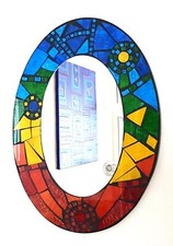 Oval mosaic wall mirror, blue red rainbow design handmade in Bali, 41cm NEW