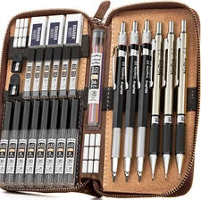 29PCS Metal Drafting Pencil Set with Leather Case 0.5, 0.7, 0.9Mm and 2Mm Sizes