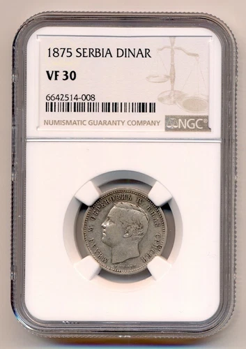 SERBIA coin 1 Dinar 1875 RARE OPEN П type NGC grade VF 30 Very Fine