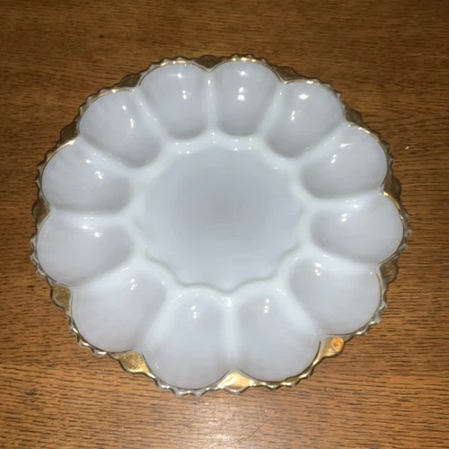 Vintage Anchor Hocking Fire King Milk Glass with Gold Trim Deviled Egg ‘s Plate