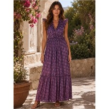 Banjanan Constance Petal Power Blueprint Floral Cotton Maxi Dress XS bohemian