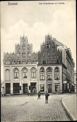 Postcard Hanseatic city of Rostock, old gabled houses on signs shops - 3696591