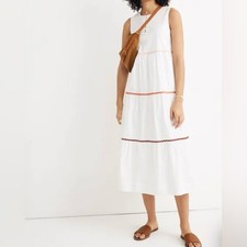 Madewell Rickrack Cattail Tiered Cotton Midi Dress White Sleeveless Size M Lined
