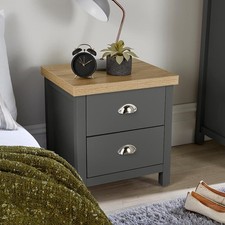 Graphite Bedside Table with 2 Drawers 36mm Thick Oak Effect Top Nightstand Unit
