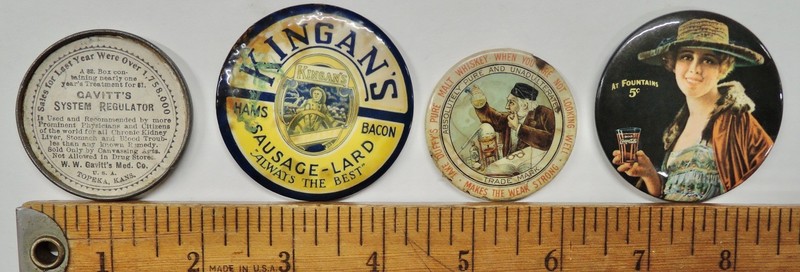 4 Pocket Mirrors Gavitt’s Quack Medical, Kingan’s, Duffey’s Whiskey, Coke 
