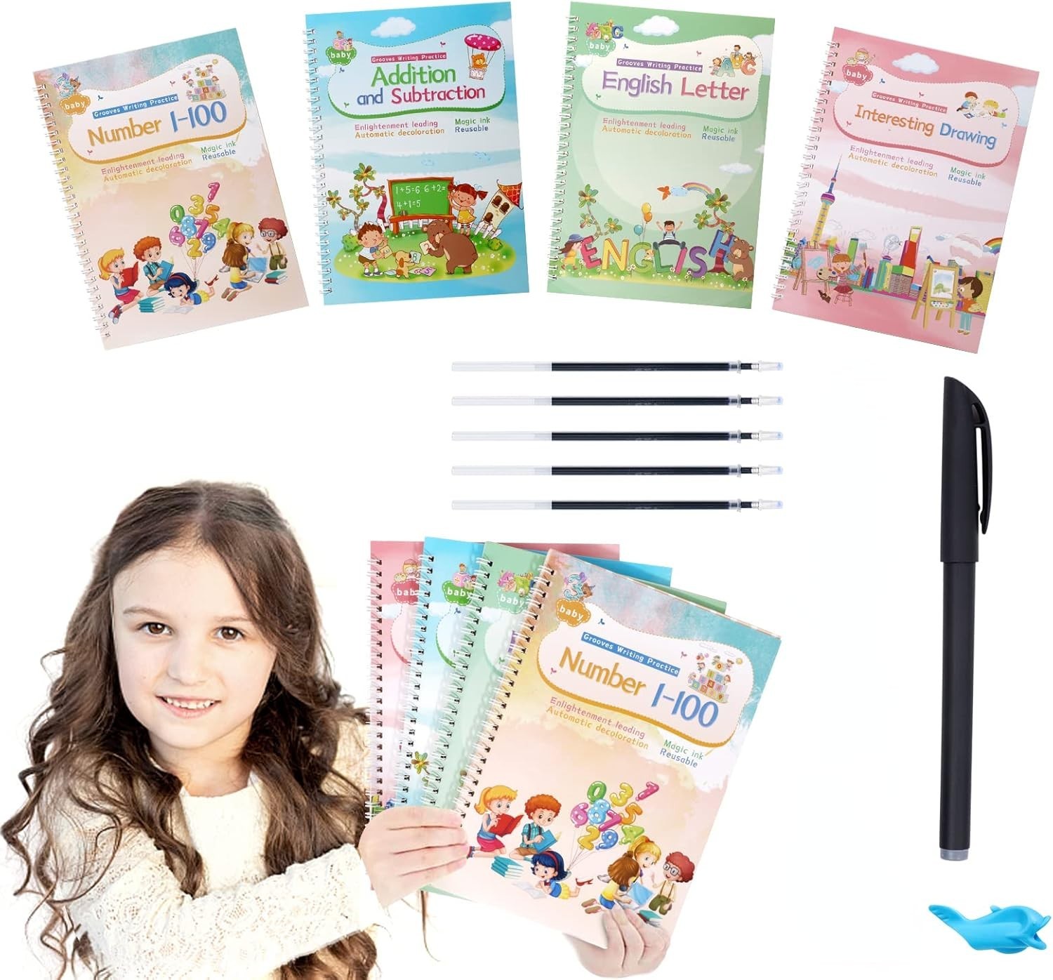 Magic Ink Handwriting Set for Children - Reusable Copybooks with Silicone Grip