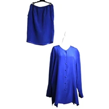 Vintage 90s SILK Royal Blue Skirt Suit Set Collarless Blouse Button 12 Tunic